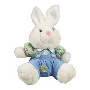 SKM Bunny Rabbit Plush Sitting White Furry Blue Overalls Spring Easter Vintage